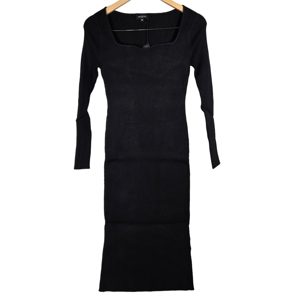 AREA STARS Black Ribbed‎ Knit Square Neck Long Sleeve Sweater Dress XS